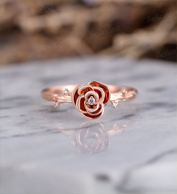 Vintage Alexandrite Diamond Lotus Flower Ring Marquise Leaf Split Shank  Engagement Ring antique flower round ring wedding promise ring