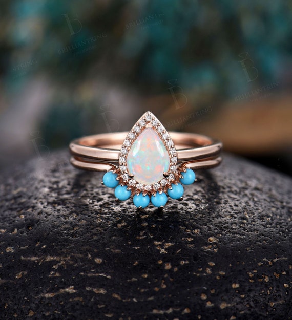 Pear Shaped Opal Engagement Ring Set Vintage Art Deco Diamond Halo