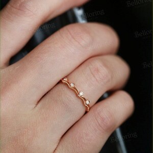 Vintage Milgrain Diamond Wedding Band: Yellow Gold Curved Stackable Ring, Anniversary Bridal Matching Band image 8