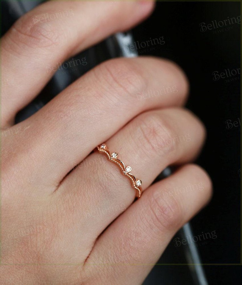 Vintage Milgrain Diamond Wedding Band: Yellow Gold Curved Stackable Ring, Anniversary Bridal Matching Band image 8