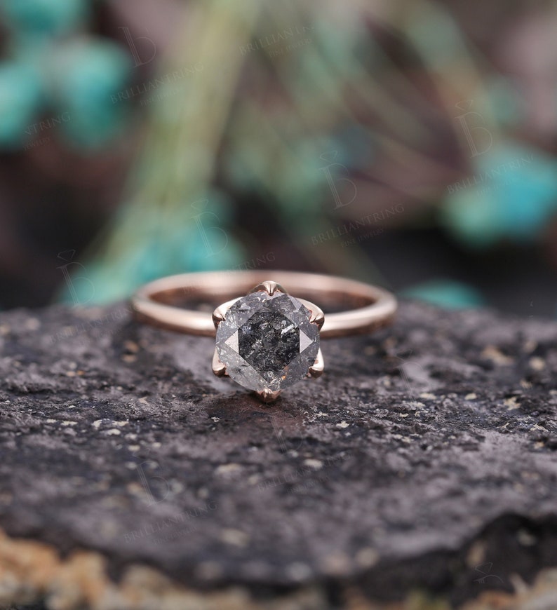 Salt and pepper Diamond engagement ring vintage wedding ring solitaire ring unique rose gold diamond ring art deco Wedding anniversary ring 