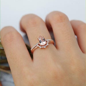 Pear shaped morganite engagement ring set Rose gold art deco moissanite rings vintage half eternity milgrain ring anniversary bridal set