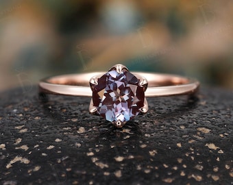 Simple Solitaire Alexandrite Engagement Ring: Claasic 14K Rose Gold Round Promise Ring For Women