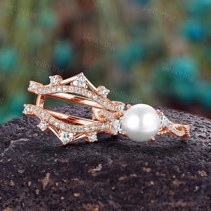 Moissanite Crown Enhancer Ring Set - Pearl Engagement Ring Set | Stackable Double Band Ring Jacket | Wedding Ceremony Ring Set for Brides