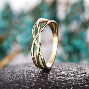 Vintage celtic wedding band 14k yellow gold knot stacking bands art deco unique promise twisted ring simple anniversary matching ring