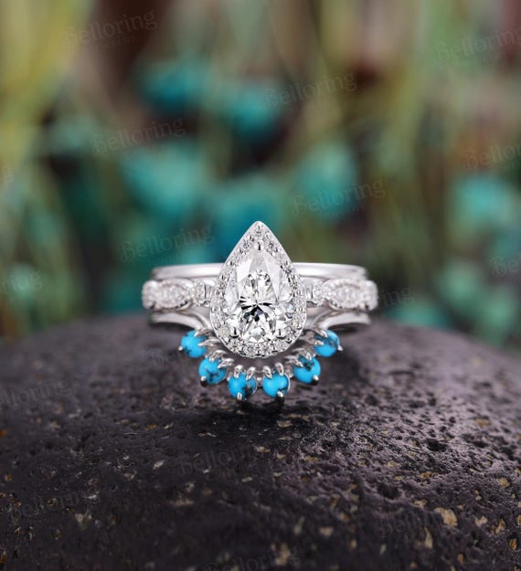 White gold moissanite engagement ring set vintage moissanite halo rings art  deco turquoise curved wedding bands pear anniversary bridal set