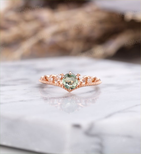 Round Green Sapphire Engagement Ring Rose Gold Vintage Diamond | Etsy