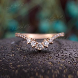 Unique Moissanite Diamond Curved Wedding Band,Vintage Chevron Stacking Ring,Solid 14K Rose Gold Band,Antique Promise Anniversary Ring