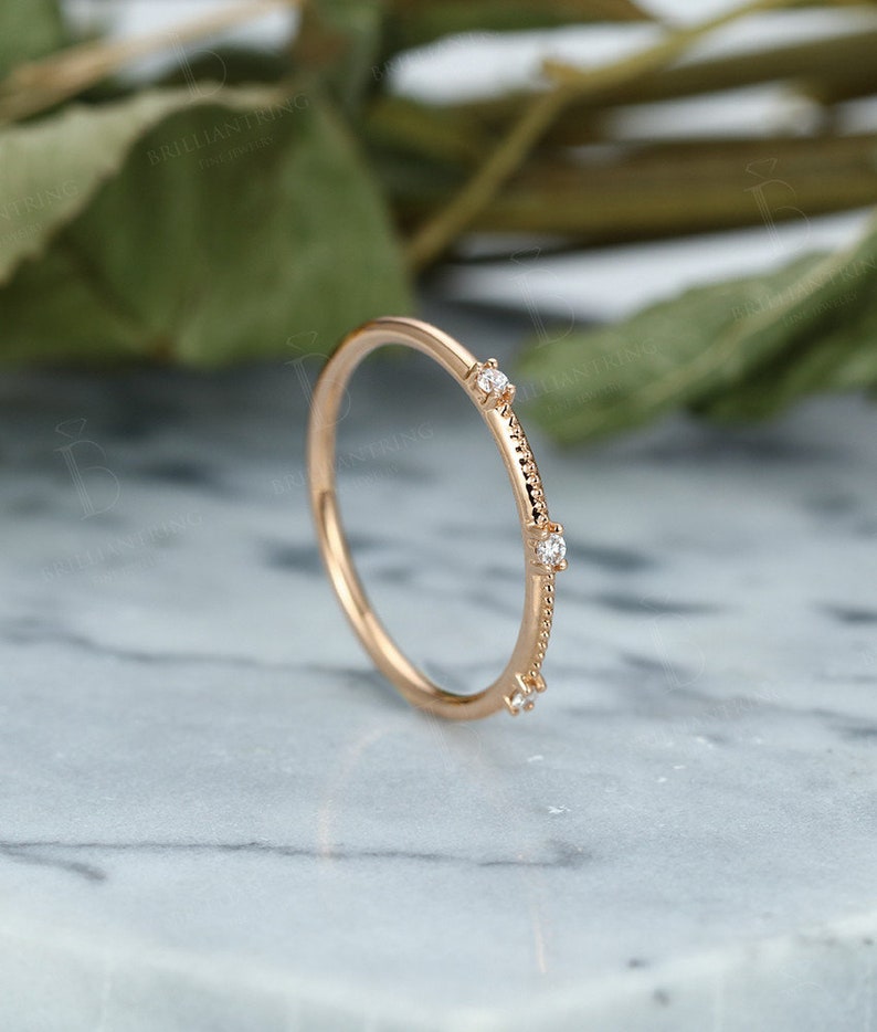 Rose gold wedding band women Vintage diamond Art deco half Eternity band antique Stacking matching unique Bridal set Milgrain Promise Gift