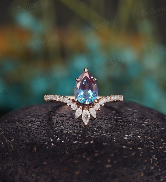 Vintage Pear Shaped Alexandrite Engagement Ring Unique Rose Gold