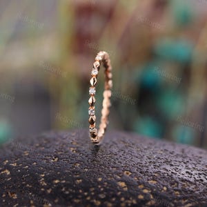 Vintage Moissanite Gold Wedding Band - 14K Gold Full Eternity Ring | Diamond Stackable Band Yellow Gold Ring | Matching Ring Wedding Ring image 6