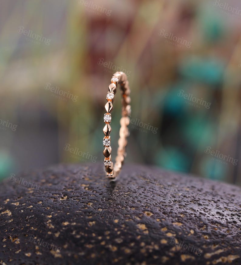 Vintage Moissanite Gold Wedding Band - 14K Gold Full Eternity Ring | Diamond Stackable Band Yellow Gold Ring | Matching Ring Wedding Ring image 6