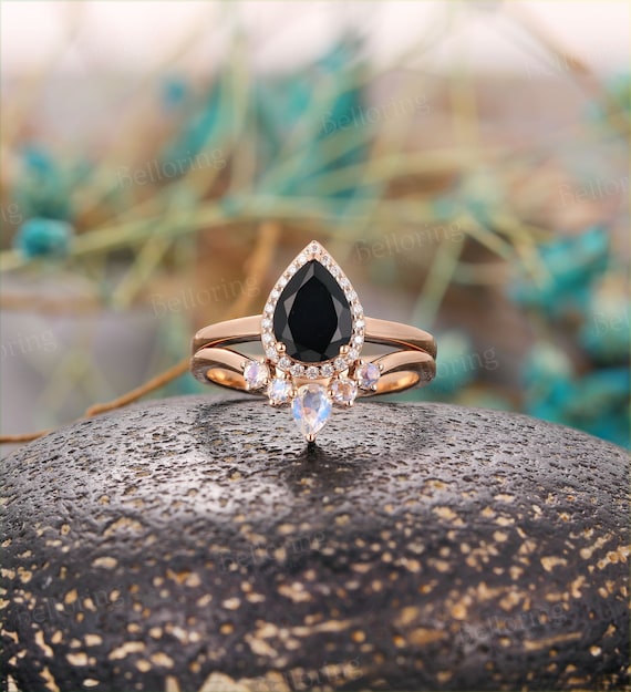アンテーク　リング　　　　　　　　　　1484 Hexagon Cut Black Onyx Ring Gold Silver for Women Vintage