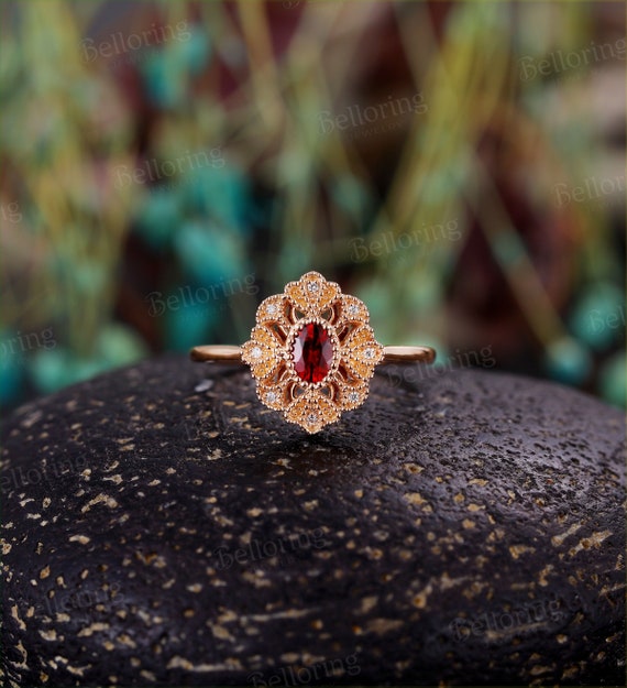 Oval Ruby Engagement Ring Rose Gold Vintage Style Halo Diamond Band | Ruby  ring designs, Oval ruby engagement ring, Ruby engagement ring