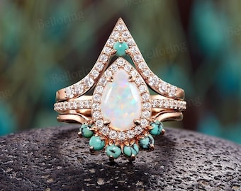 Juego de anillos de compromiso vintage de ópalo blanco, 3 piezas de oro rosa con matriz verde turquesa curvada