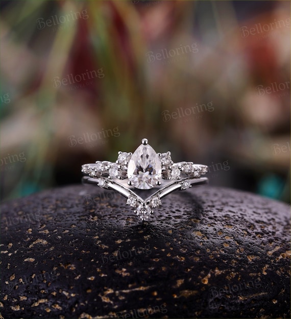 CC Moissanite Engagement Ring Set Pear Vintage Unique Prong Set Rings Curved Wedding Band Antique Promise Anniversary Bridal Set Etsy