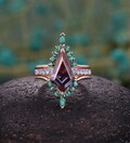 Vintage kite Alexandrite engagement ring set Rose gold wedding ring unique turquoise bands art deco Moonstone Pave anniversary ring women