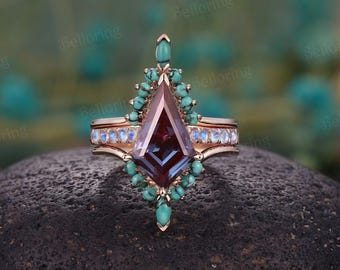 Vintage kite Alexandrite engagement ring set Rose gold wedding ring unique turquoise bands art deco Moonstone Pave anniversary ring women
