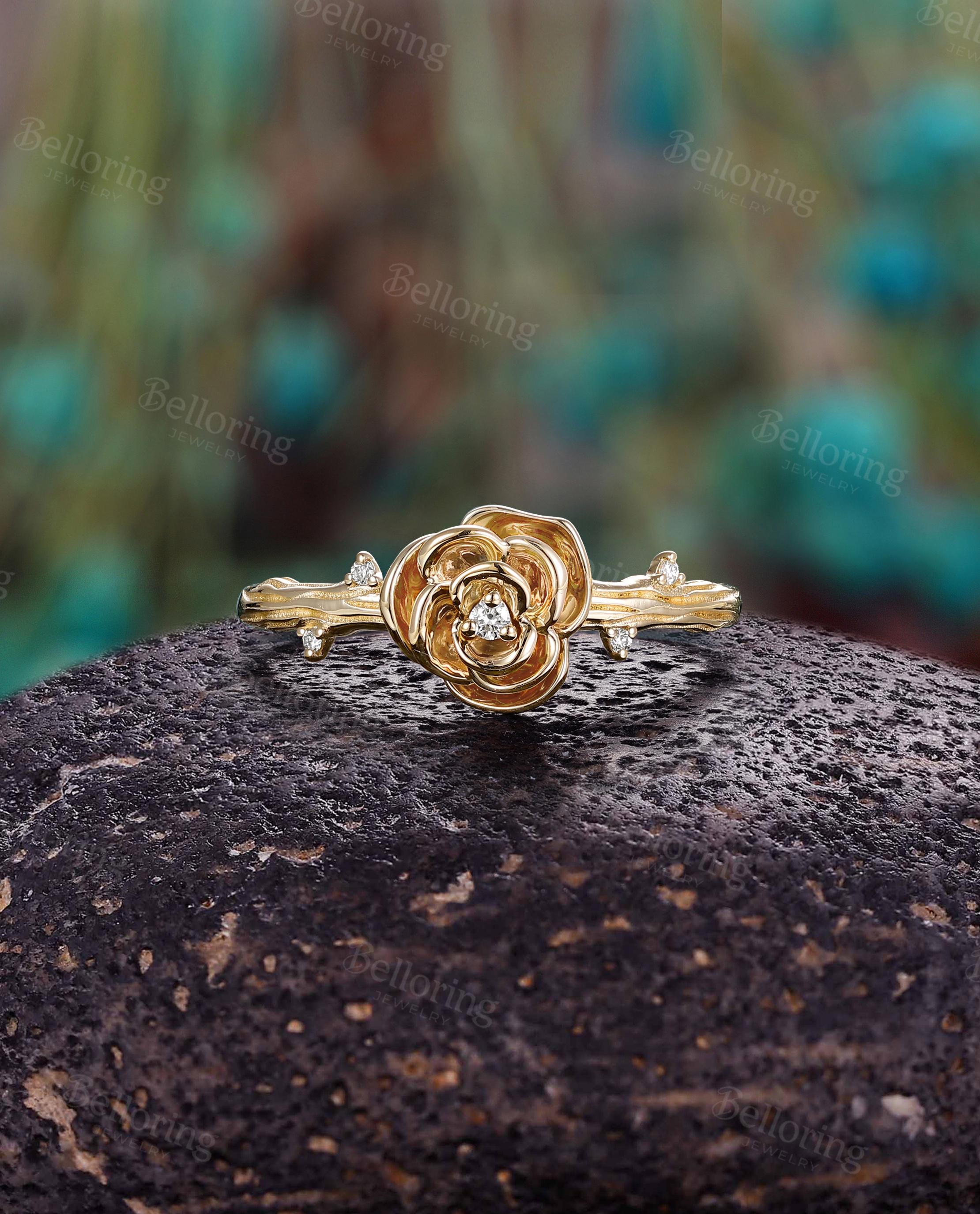 Vintage Rose Flower Diamond Engagement Ring,Antique Rose Gold Ring