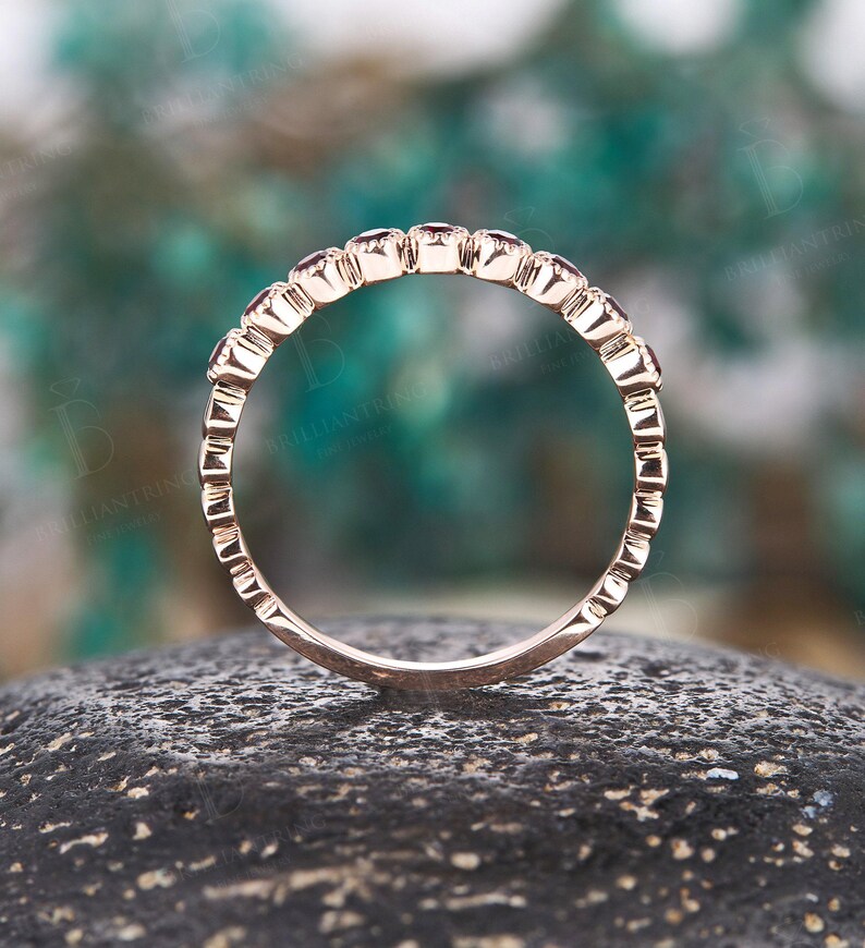 Vintage Garnet Wedding Band: Unique Rose Gold Half Eternity Stackable Promise Ring for Her image 7