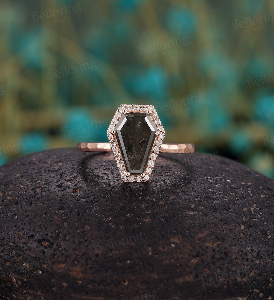 Vintage Coffin Engagement Ring Salt and Pepper Diamond Engagement