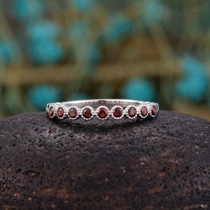 Vintage Garnet Wedding Band: Unique Rose Gold Half Eternity Stackable Promise Ring for Her image 4