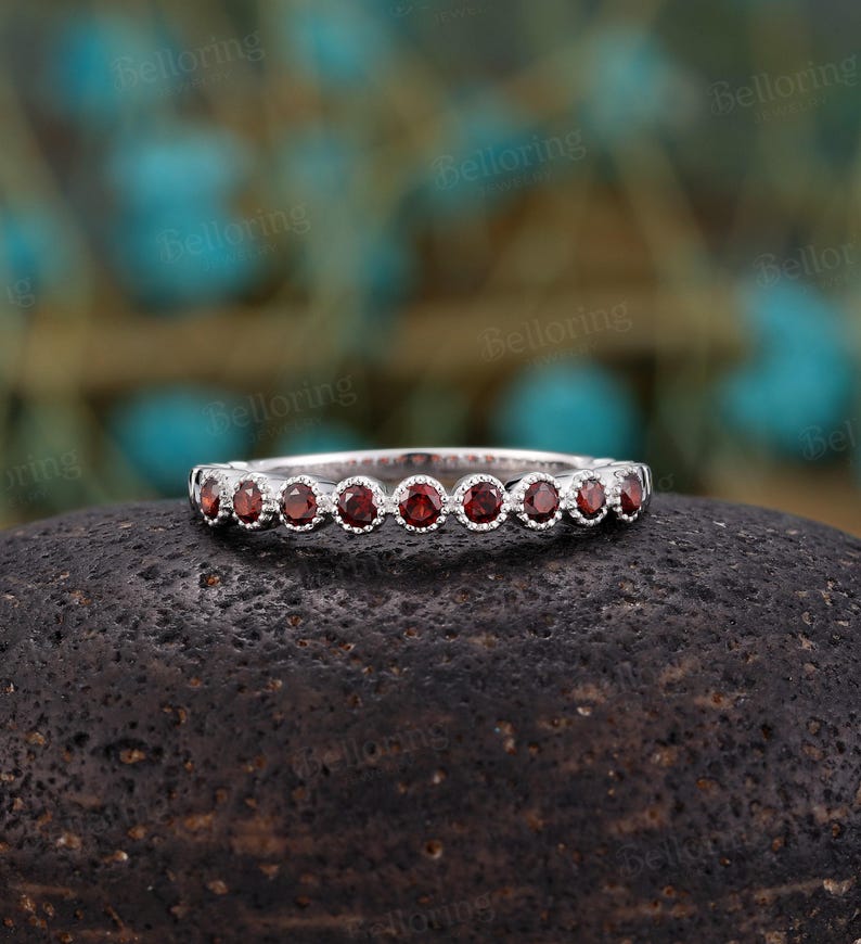 Vintage Garnet Wedding Band: Unique Rose Gold Half Eternity Stackable Promise Ring for Her image 4