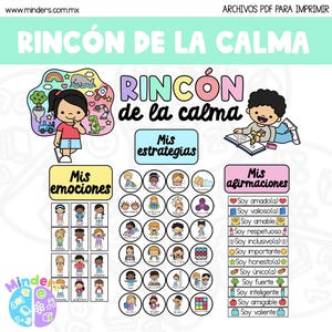 Puede incluir: Un PDF imprimible colorido titulado "Rincón de la Calma" (Rincón de la Calma) con ilustraciones de niños, emociones, estrategias y afirmaciones. Incluye texto en español y una dirección web.