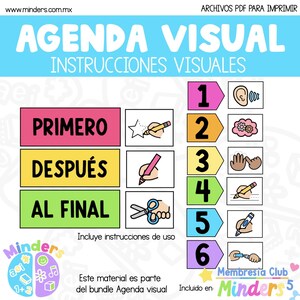 May include: A colorful visual schedule with the title "AGENDA VISUAL" and the text "INSTRUCCIONES VISUALES". The schedule includes numbered steps with corresponding illustrations, such as a star being drawn and scissors. The bottom of the image includes the text "Incluye instrucciones de uso".