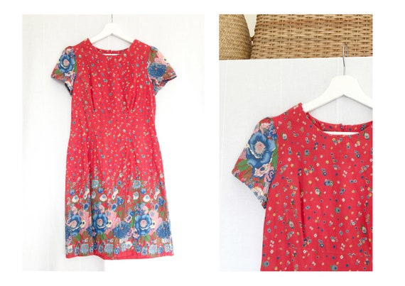 1960s Prairie Dress | Red Blue Floral Border | Flo