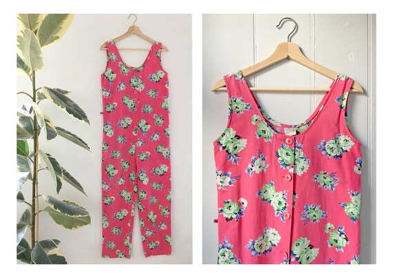 90s 80s French Pink Floral Cotton Jumpsuit Romper