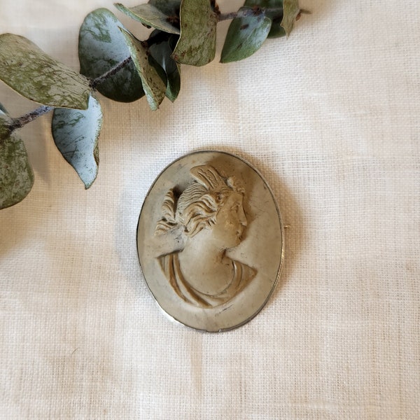 Antique silver carved lava cameo brooch