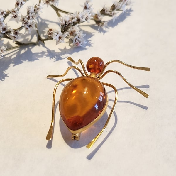 Silver plated Amber spider brooch