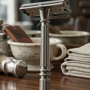 May include: A silver-toned metal safety razor with a fluted handle. The razor head features engraved text reading MADE IN U.S.A. PAT. 1739280 and NOS. 1773614. The design includes a T-shaped head and a vertical ribbed grip on the handle for manual shaving.