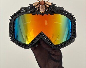 Queen Bee Studded Ski Goggles • Rhinestone Burner Goggles • Festival Rave Goggles • Burner Goggles • Custom Sparkly Ski Goggles