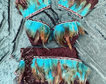 Bird of Paradise • Festival Performance Costume • Feather bra epaulette skirt set • Burner outfit