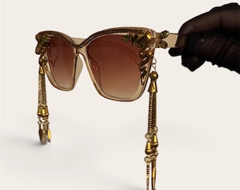 Embellished Cat-Eye Snake Sunglasses • Pin-up Rockabilly Vintage Style • Rhinestone Feather Tassel Sunnies • Burner Style • Festival Fashion