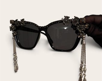 Embellished Cat-Eye Statement Sunglasses • Pin-up Rockabilly Vintage Style • Rhinestone Tassel Sunnies • Burner Style • Festival Fashion