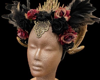 Dark Rose spiked ram horn crown • gothic witch fairy cosplay headpiece