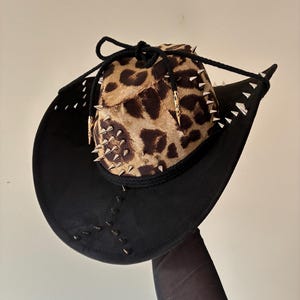 Animalia Leopard print studded and mirrored  western hat with disco mirror • festival cowboy hat • Disco hat with wording