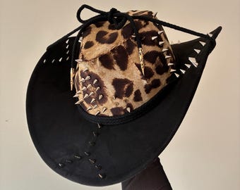 Animalia Leopard print studded and mirrored  western hat with disco mirror • festival cowboy hat • Disco hat with wording
