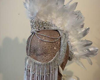 Crystal Feather Mohawk Headpiece • Showgirl Headdress • Burlesque Headpiece • Rhinestone Feather Crown • Carnival  Headpiece With Facechain