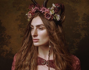 Romantica Floral Double Ram Horn Gothic Halloweeen Costume Headpiece