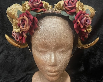 Desert Rose Floral Ram Horn Gothic Halloweeen Costume Headpiece