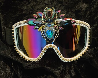 Scarab Ski Goggle • mirror lens burner goggle with studs, rhinestone and a beetle or scorpion  motif