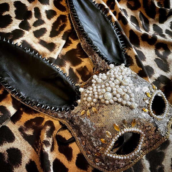 Golden Dust Bunny Mask • Festival performance Headpiece • Rabbit Masquerade Costume Mask