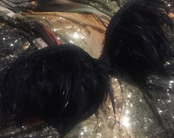 Dark Angel Feather Bra • Black Festival Rave Outfit • Gothic Burlesque Lingerie • Burner Costume Top • Handmade Statement Bra • Feather Bra
