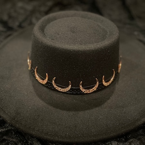 Crescent Moon Wide Brim Black Boater Hat • Rose Gold or silver embellishment
