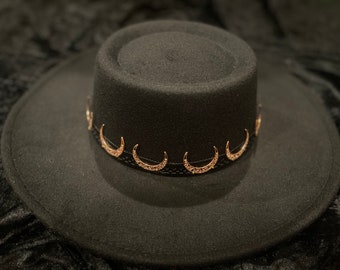 Crescent Moon Wide Brim Black Boater Hat • Rose Gold or silver embellishment