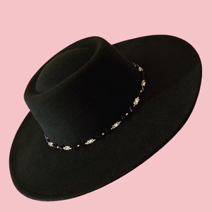 Tanami Hat • Wide brim boater hat with hand sewn metal and bead details with studs • Festival Burner Hat
